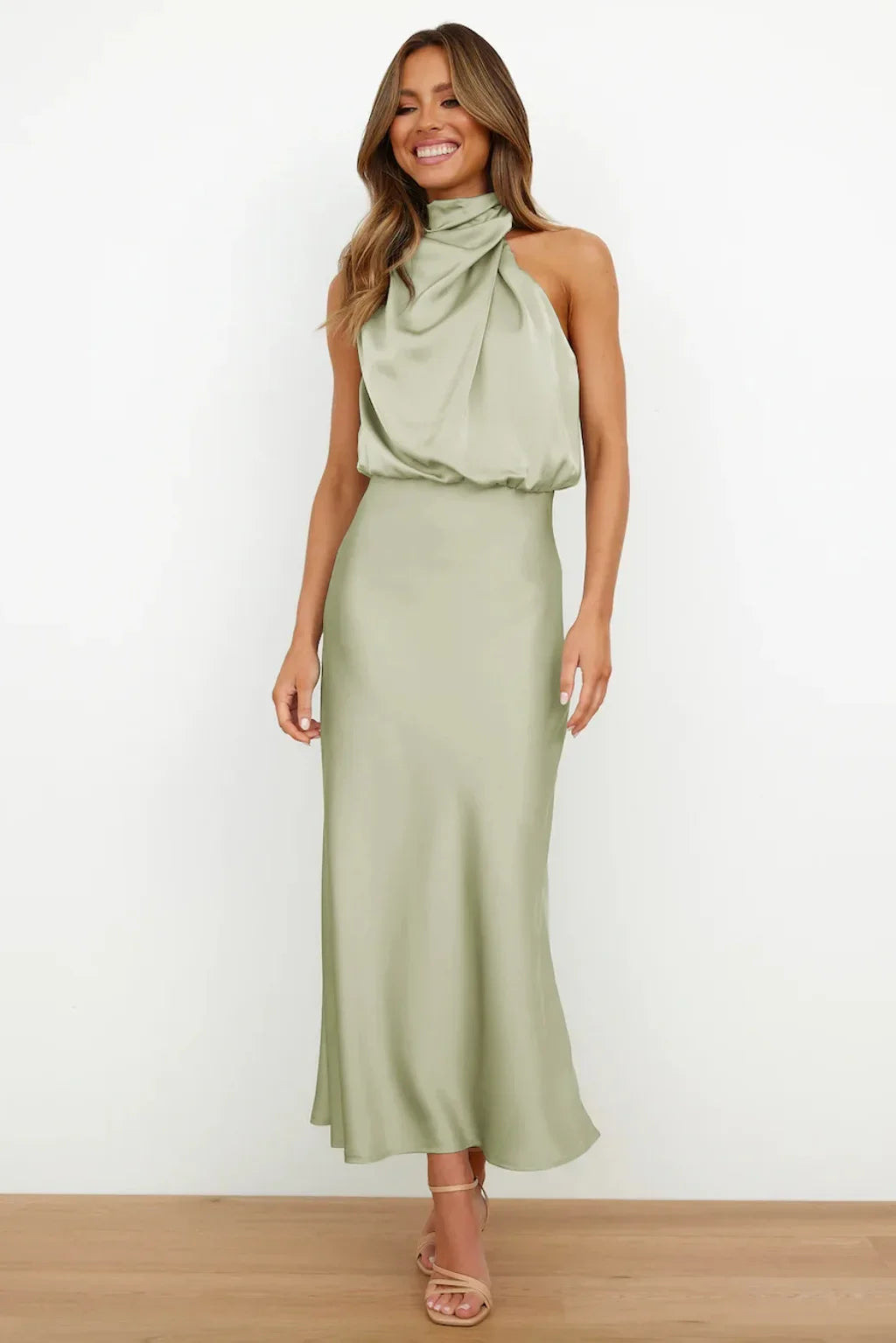 Vireous Summer Silk Satin Sleeveless Long Dress, Draped Bodice