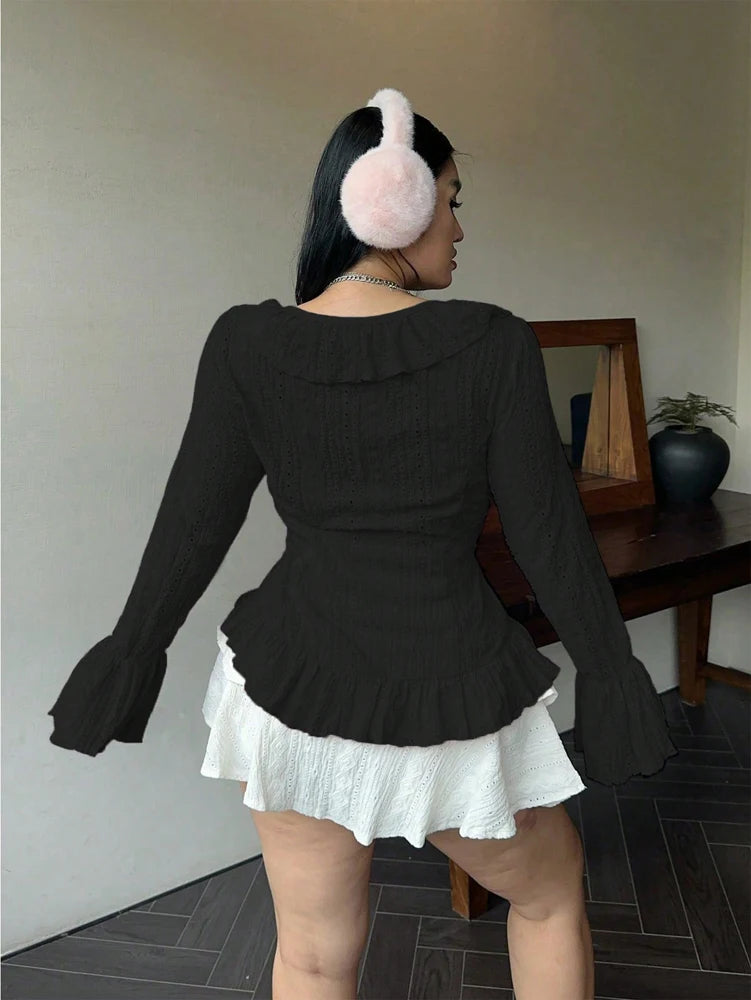 Vireous Elegant French Ruffle Flared-Sleeve Blouse, Plus Sizes