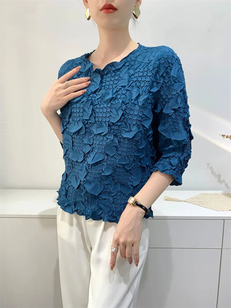 Miyake Embroidered Hand-Pleated Women's Round-Neck Top