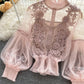 Lace See-Through Puff-Sleeve Vintage Fashion Blouse