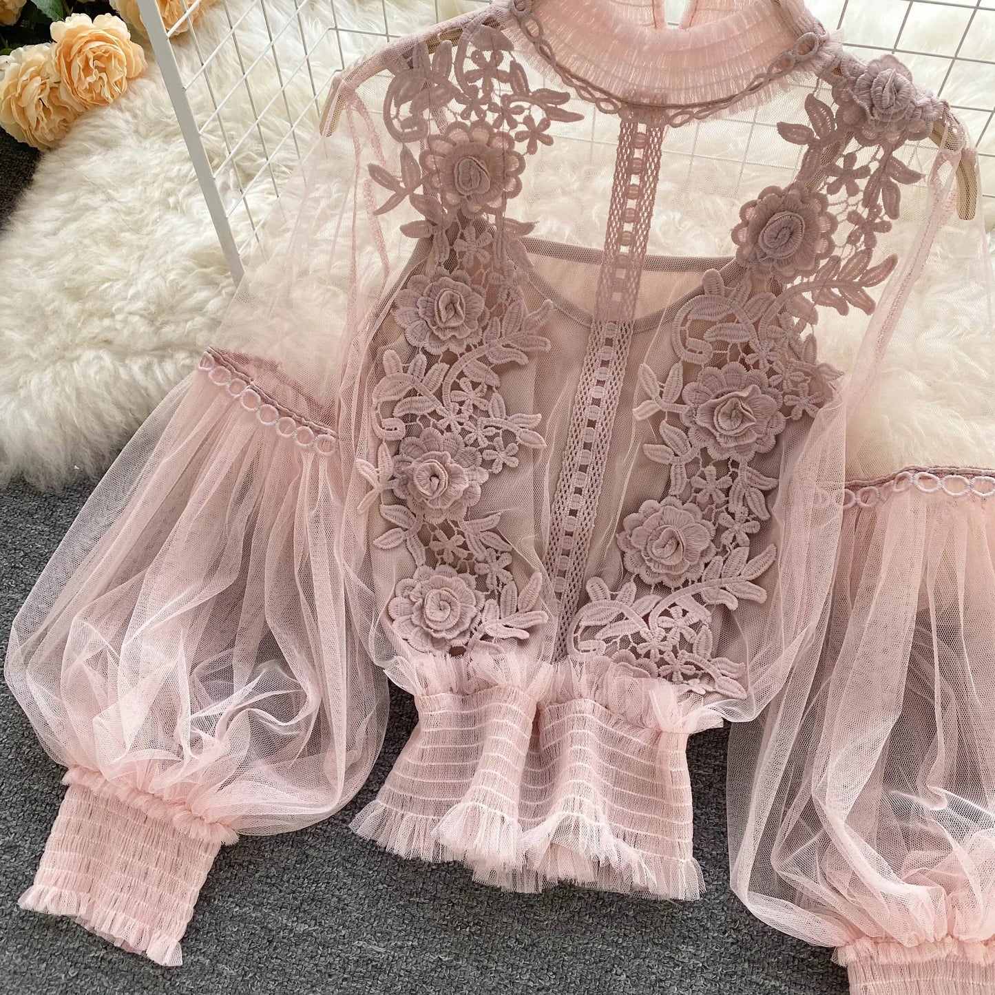 Lace See-Through Puff-Sleeve Vintage Fashion Blouse