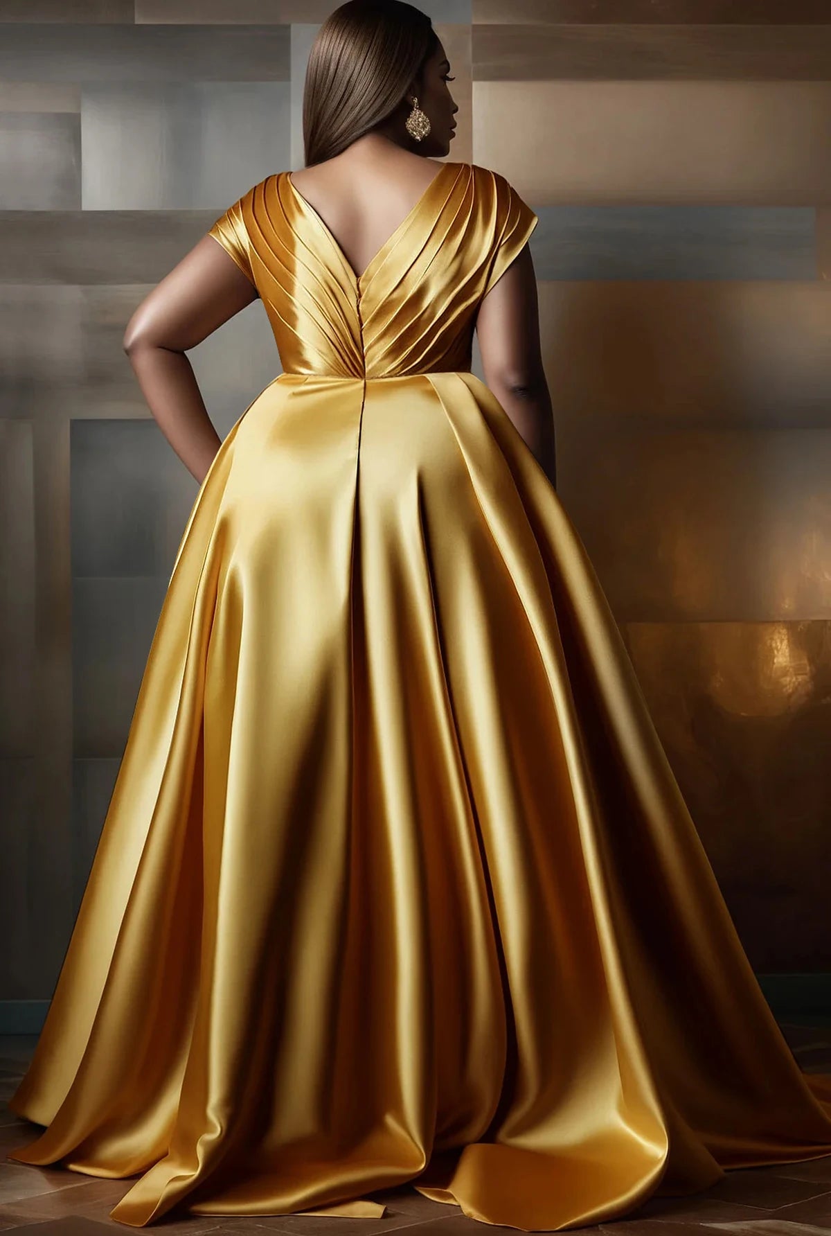 Plus-Size Formal Evening Gold Satin Dress, Elegant Tiered Bodice