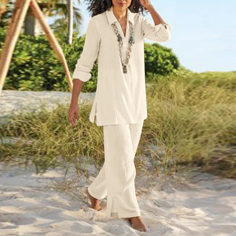 Women's Summer Kaftan-Style Two Piece Cotton Linen Suit