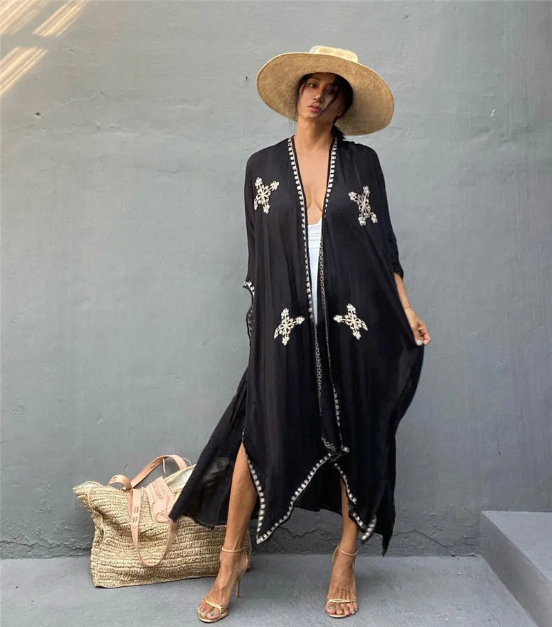 Loose Beach Kimono Cardigan Swimsuit Cover Up with Embroidery