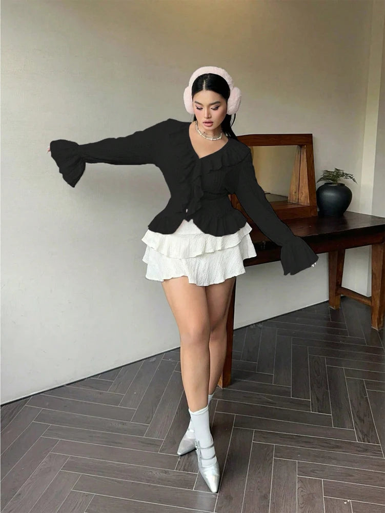 Vireous Elegant French Ruffle Flared-Sleeve Blouse, Plus Sizes