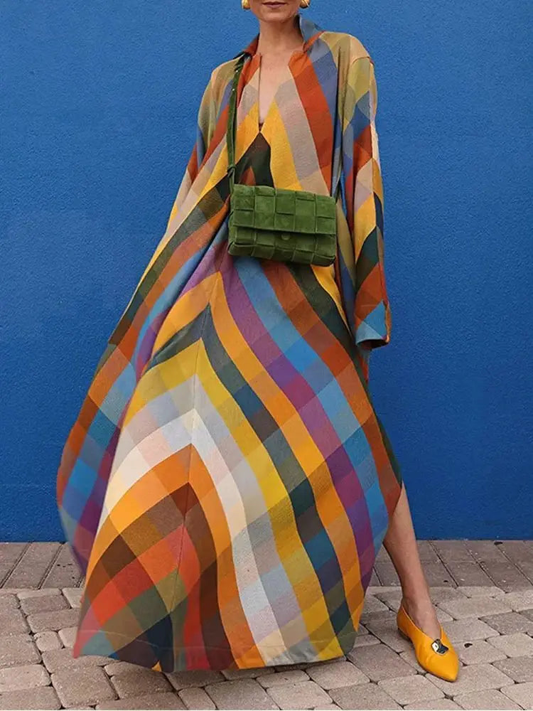 Vireous Long Sleeves Loose Geometric-Print Split-Side Maxi Dress