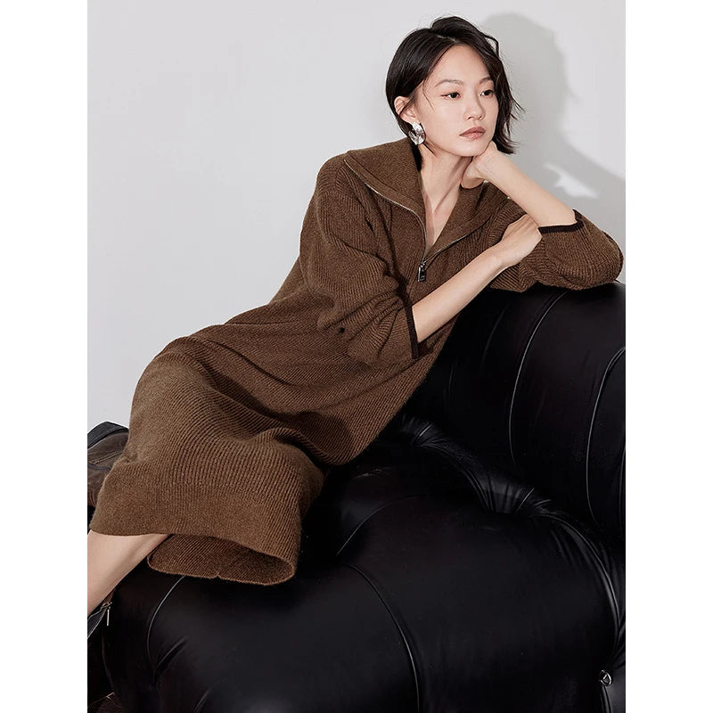 Women's Knitted Dress, Ankle-Length Lazy Style Dress in Brown