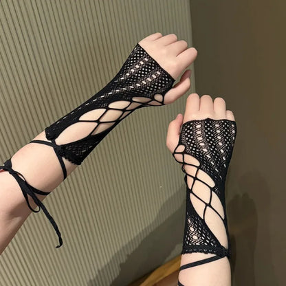 Dark Cross Alt-Goth Gloves Arm Warmers, Vintage Lace-Up Concealer Goves