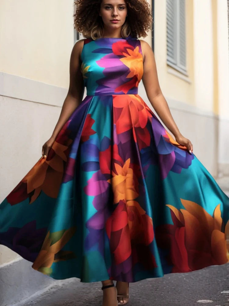 Vireous Floral Abstract Print Tank Dress, Sleeveless Evening Dress, Plus Sizes