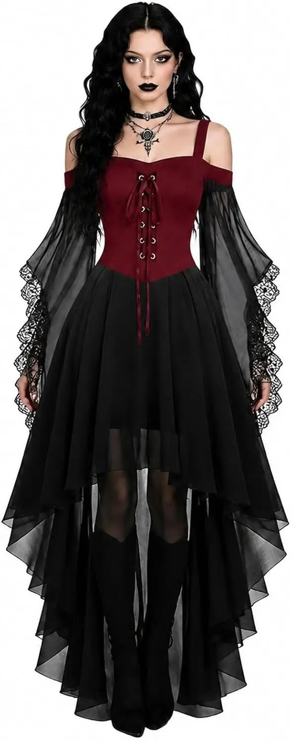 Dark Cross Witch Dress, Halloween Goth Mesh Sleeves Costume Dress, Plus Sizes