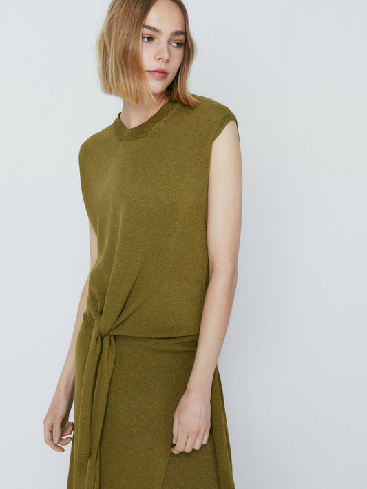 Vireous Women's Fashion Knitted Side-Knot Sleeveless Army Green Sweater