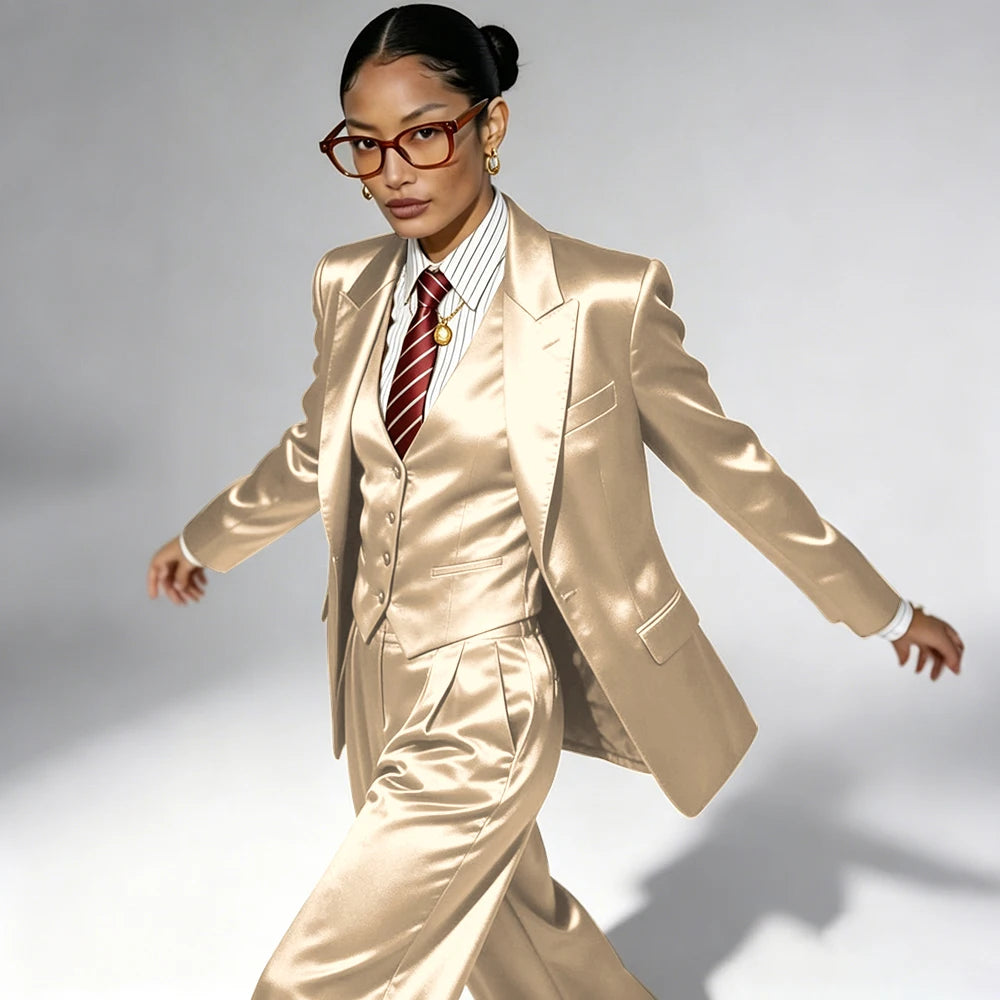 Professional Performance Wear Women's Tuxedo, Gold Satin Three-Piece Suit, Night Wear
