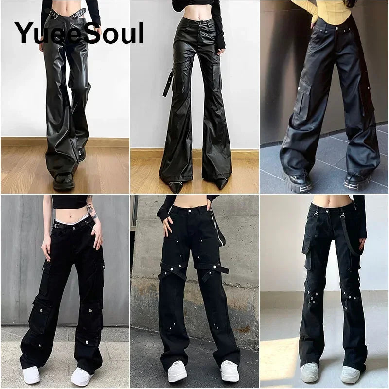 Goth Women's Flared Pants with Black Lace, Embroidery, Multi Designs