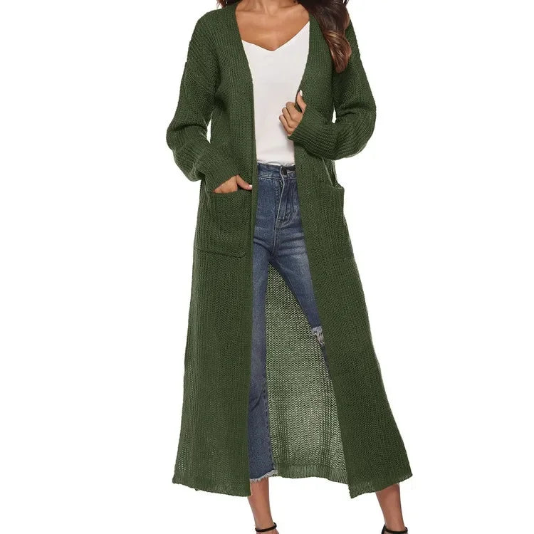 Thickened Long Pure Colour Pocket Irregular-Slit Sweater Coat