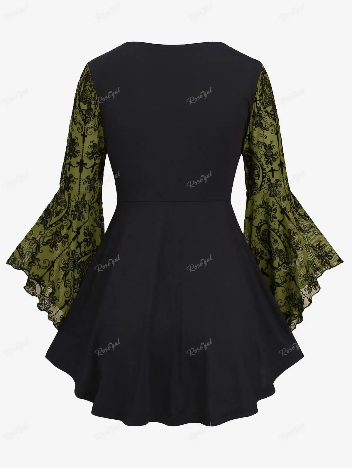 Gothic Bell Sleeves Organza Mesh Lace-Up Blouse, Plus Sizes