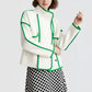 Vireous High-Neck Fashion Woollen Short Coat, Ivory with Green Trim