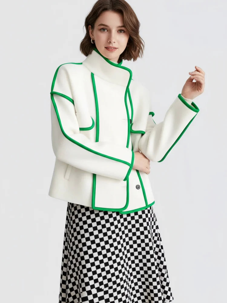 Vireous High-Neck Fashion Woollen Short Coat, Ivory with Green Trim