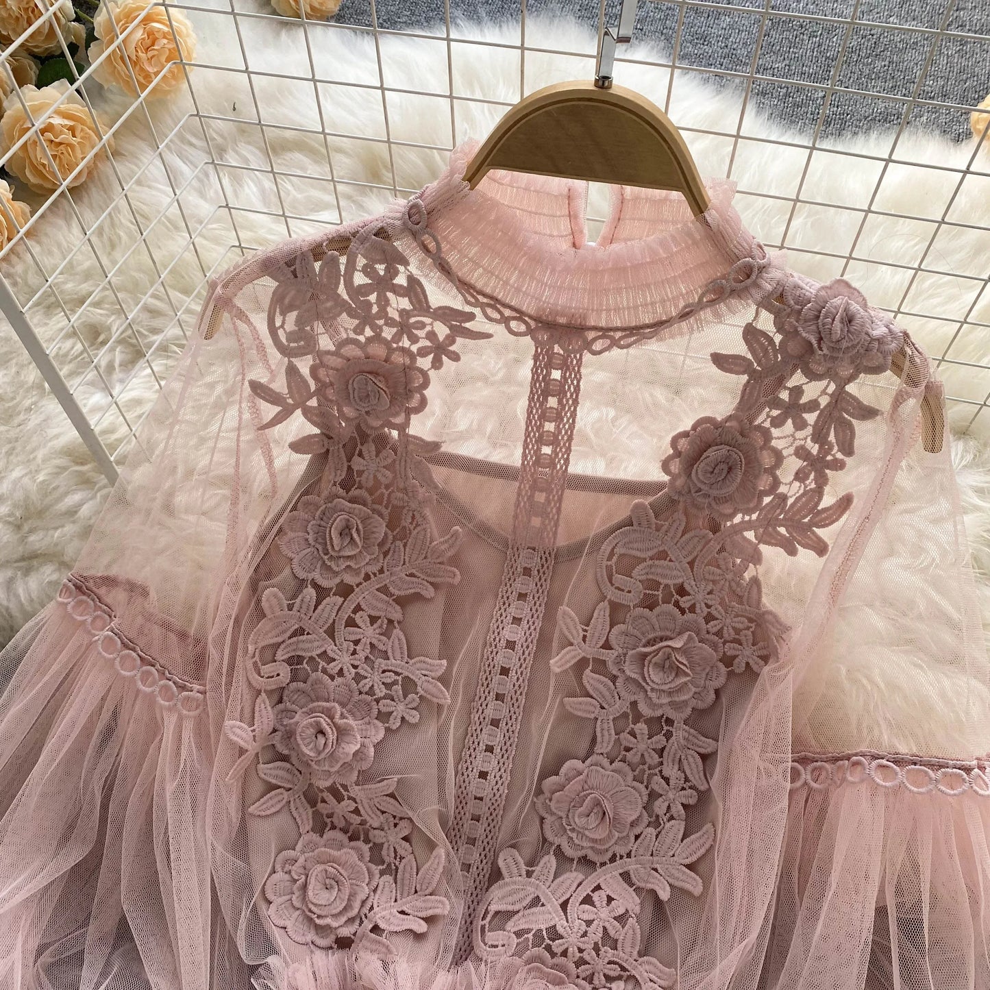 Lace See-Through Puff-Sleeve Vintage Fashion Blouse