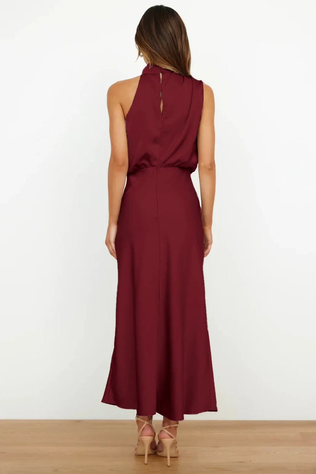 Vireous Summer Silk Satin Sleeveless Long Dress, Draped Bodice