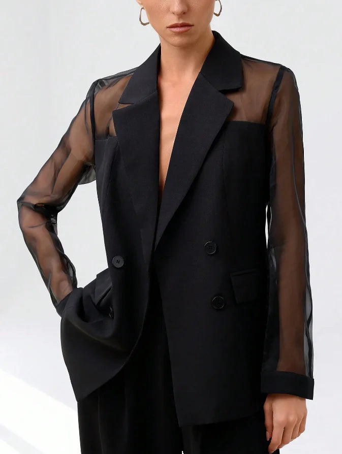 Vireous Women's Black Blazer Translucent Sleeves, Catwalk Collection