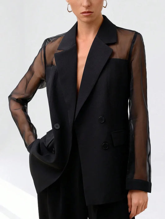 Vireous Women's Black Blazer Translucent Sleeves, Catwalk Collection