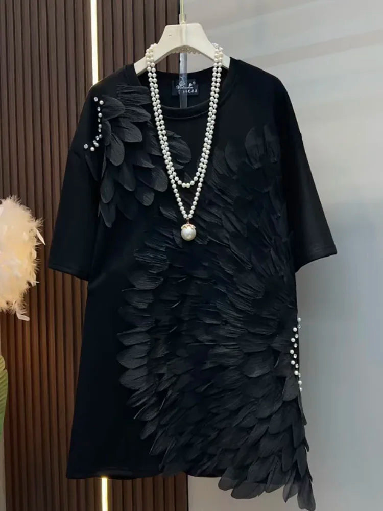 Loose Summer Glam Feather Short-Sleeve Women's Short Dress