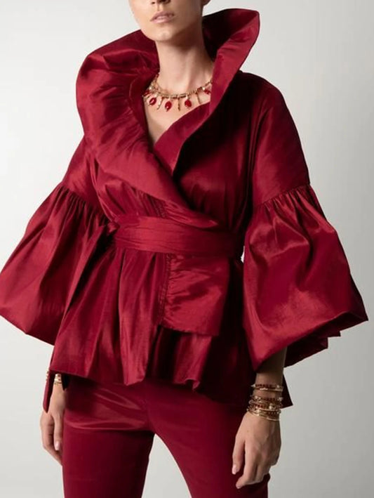 Vireous Formal Puff-Sleeve Ruffles Women's Tuxedo Blouse