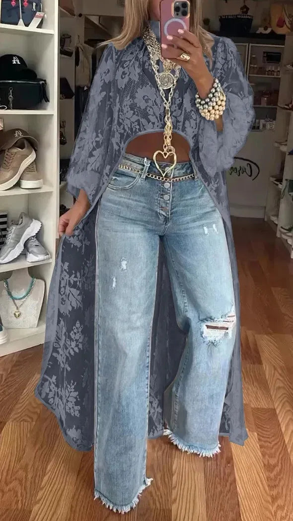 Vireous Lace Floral Extra-Long Shirt Top, High Neck Overwear