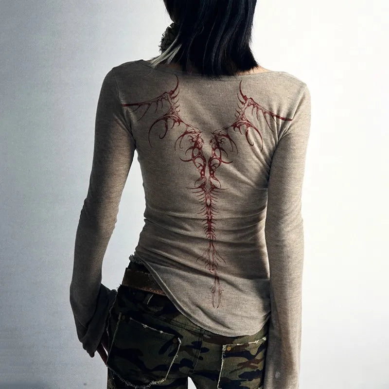 Women's Grunge Aesthetic Knitted Top with Spine Design