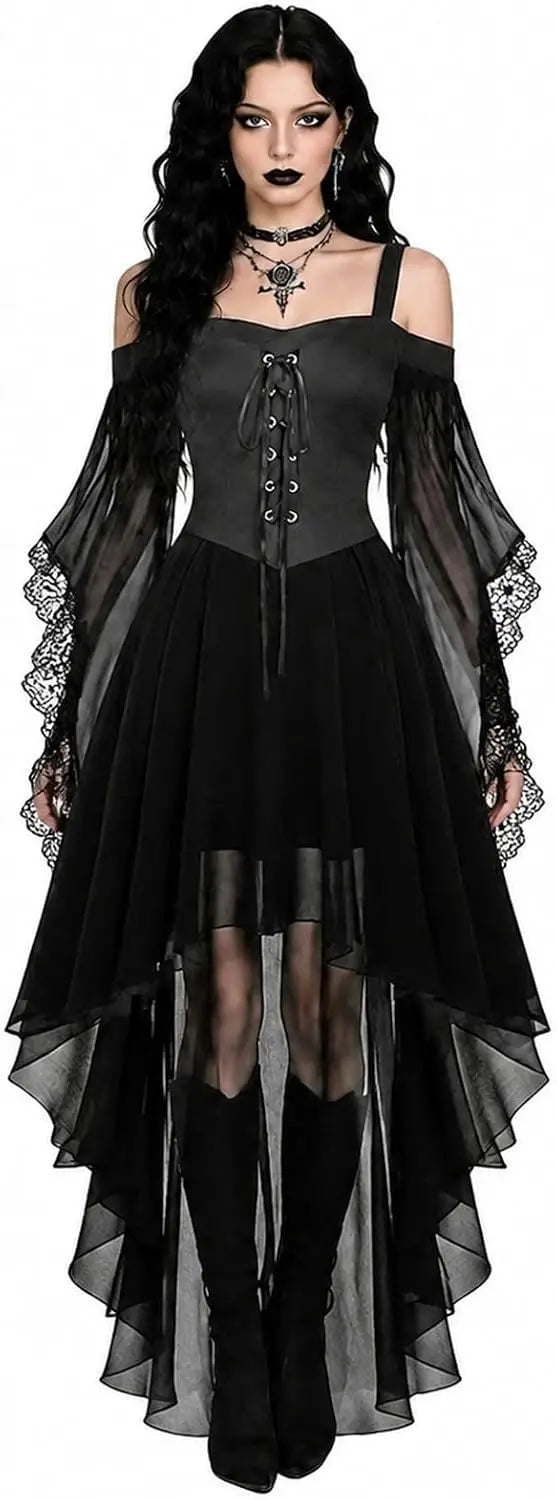 Dark Cross Witch Dress, Halloween Goth Mesh Sleeves Costume Dress, Plus Sizes