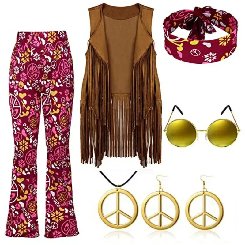 Complete Outfit, Hippie Disco 60s 70s Cosplay Fesitval Costume with Indian Tassels