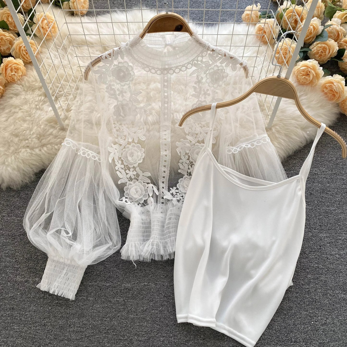 Lace See-Through Puff-Sleeve Vintage Fashion Blouse