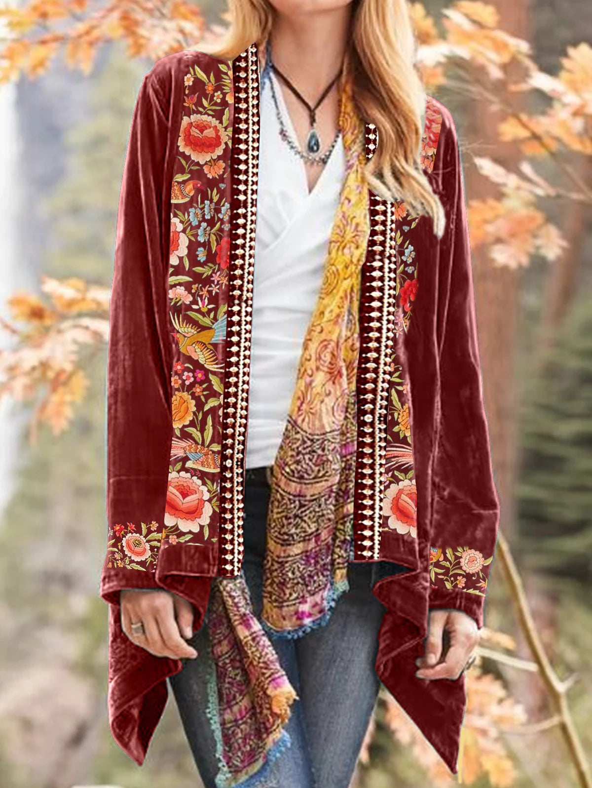 Bohemian Women's Velvet Autumn Floral Decor Cardigan Jacket
