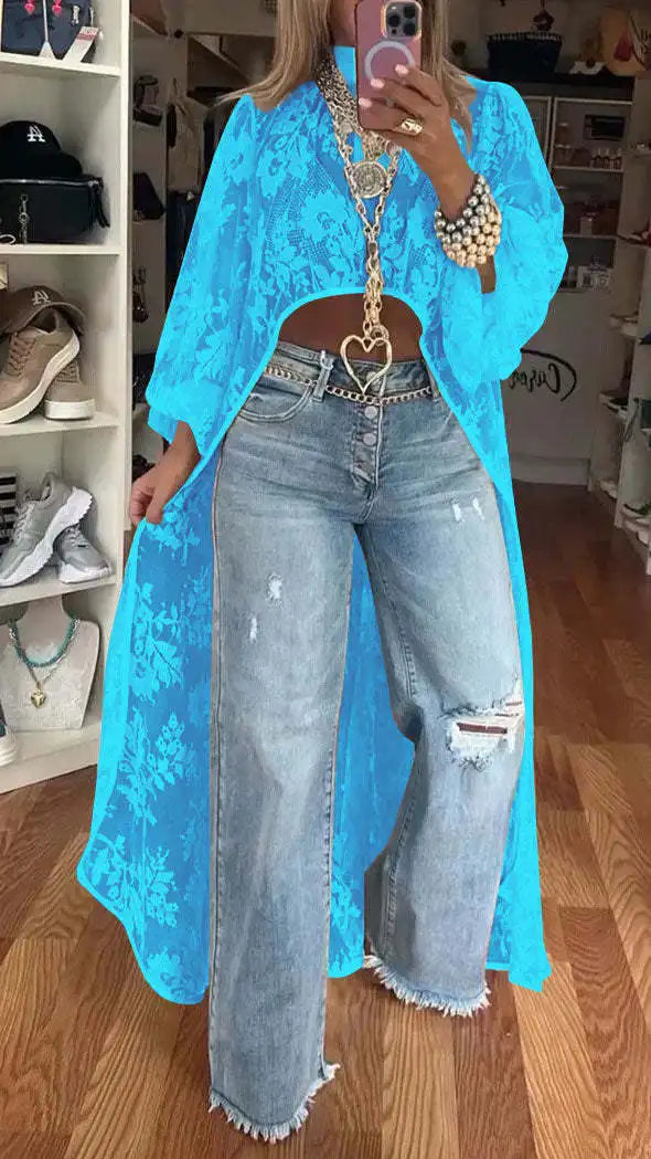 Vireous Lace Floral Extra-Long Shirt Top, High Neck Overwear