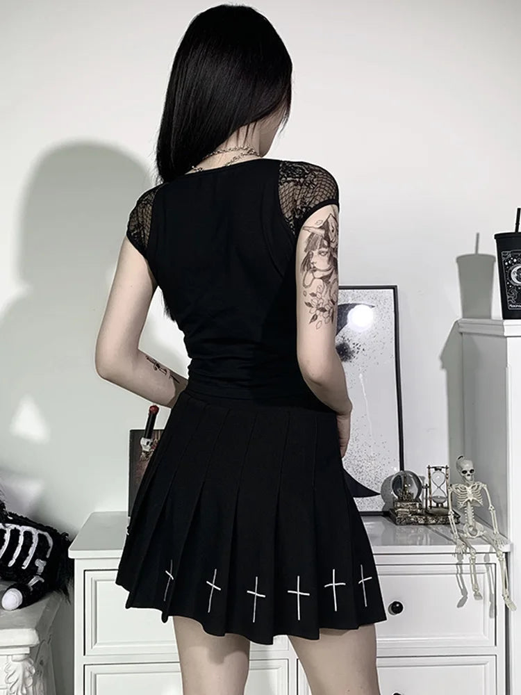 Women's Vintage Goth Bodycon Bandage Lace Mesh Top in Black