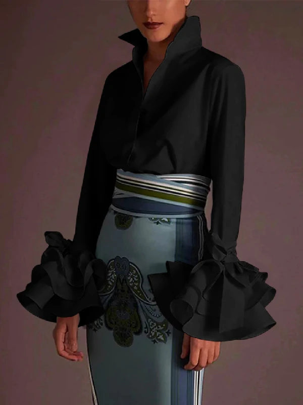 Vireous Women's Elegant Flared-Sleeves Falbala Blouse