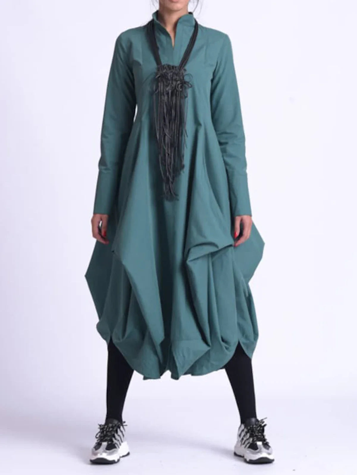 Minimalist Black Stand Collar A-Line Midi Dress