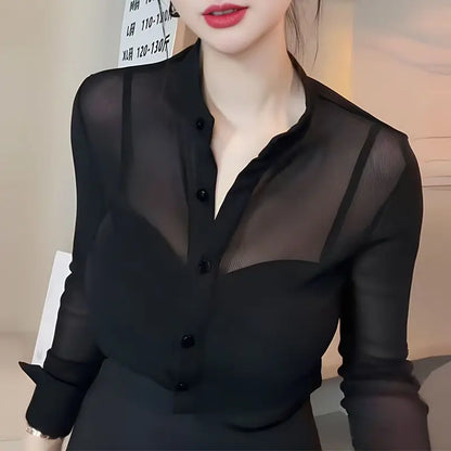 Vireous Black Mesh Slim-Fit Long Sleeve Women's Shirt