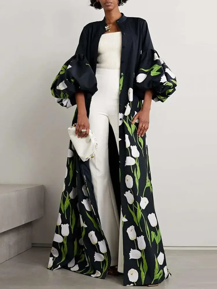 uoozee dresses Uoozee Floral Printed Floor-Length Dress, Puff Sleeves – Vireous.Shop