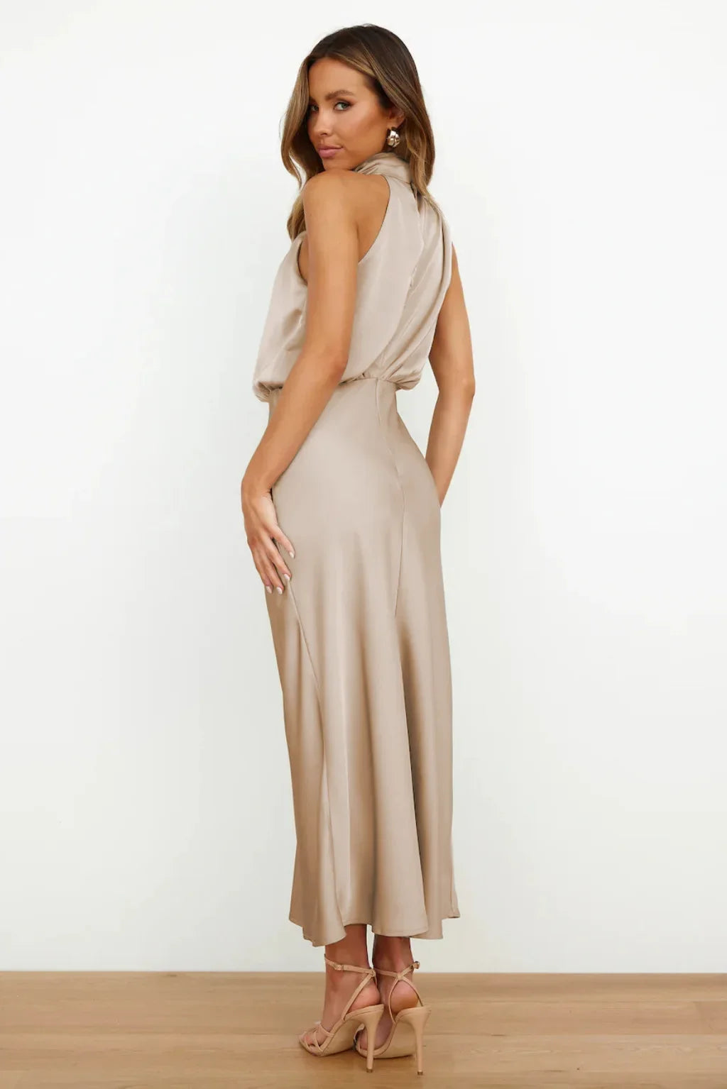 Vireous Summer Silk Satin Sleeveless Long Dress, Draped Bodice