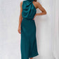 Vireous Summer Silk Satin Sleeveless Long Dress, Draped Bodice