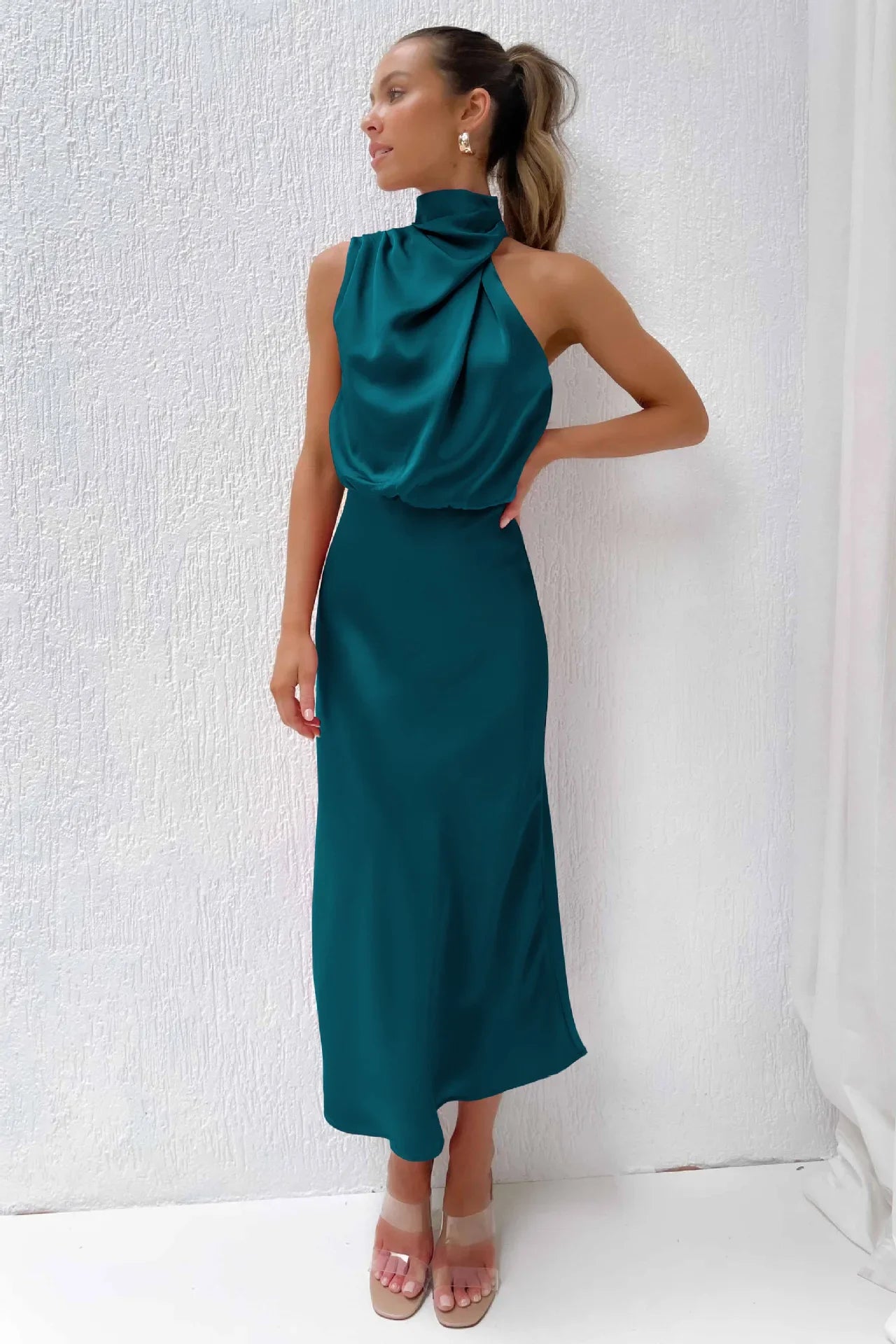 Vireous Summer Silk Satin Sleeveless Long Dress, Draped Bodice