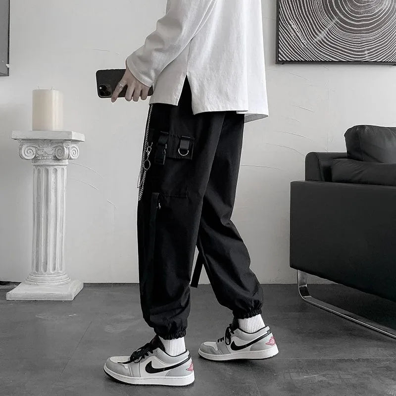 Goth Women's Cargo Pants, Joggers in Black, Techwear with Chain