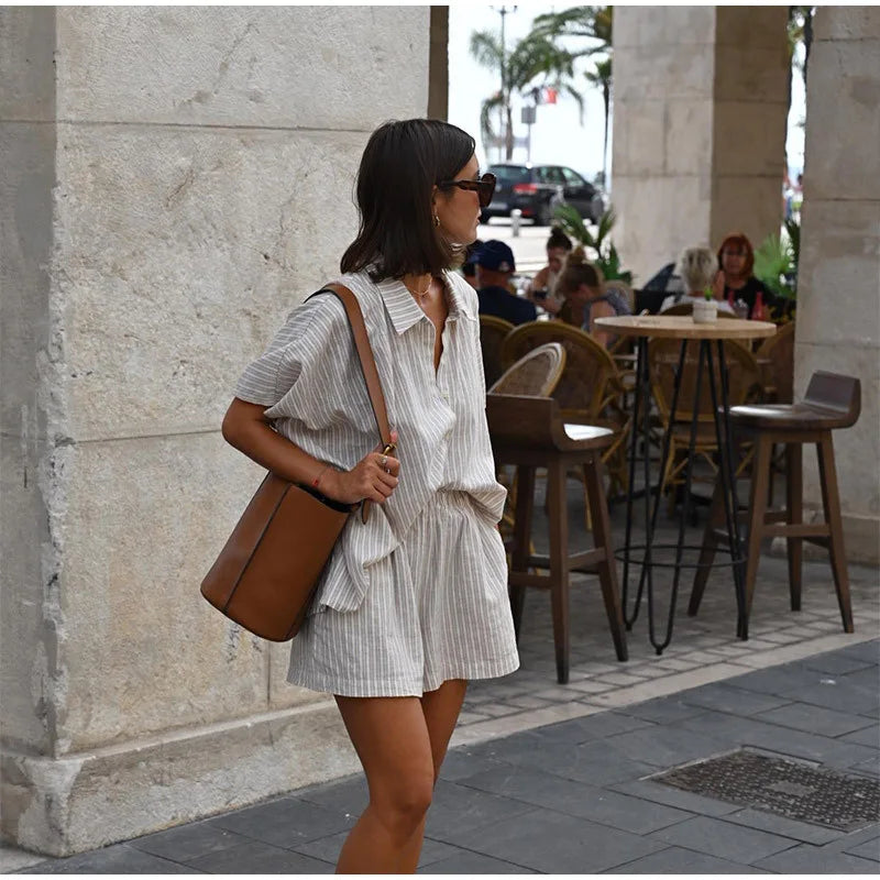 Cotton Linen Women's Two-Piece Summer Shorts Set, Plus Sizes