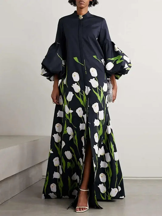 Uoozee Floral Printed Floor-Length Dress, Puff Sleeves