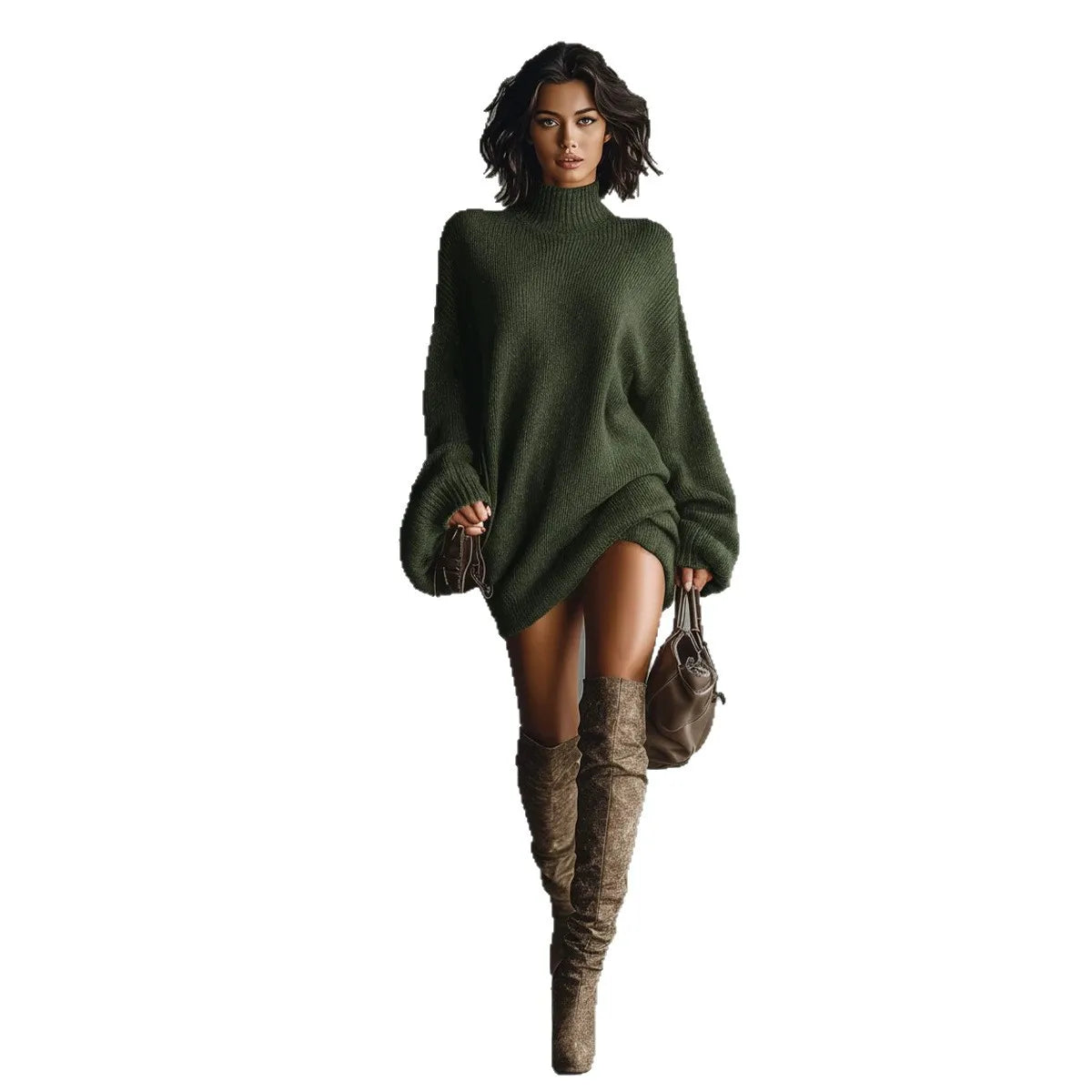 Vireous Round-Neck Loose Knitted Sweater Mini Dress