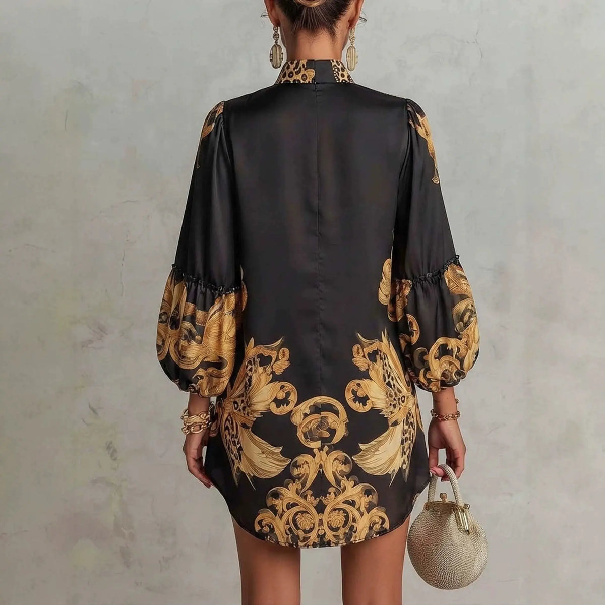 Vireous Black Gold Baroque Satin Mini Dress