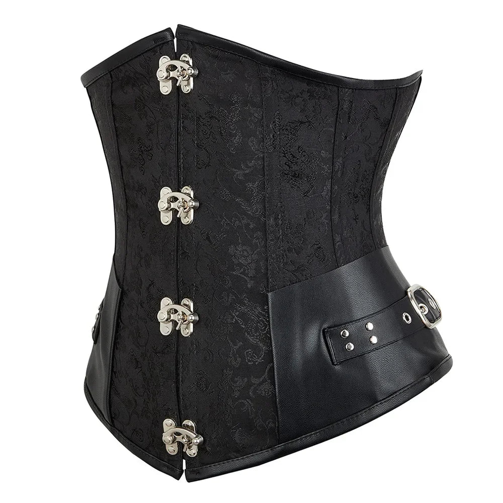 Faux Leather Underbust Corset, Goth Burlesque Corset with Embroidery, Plus Sizes