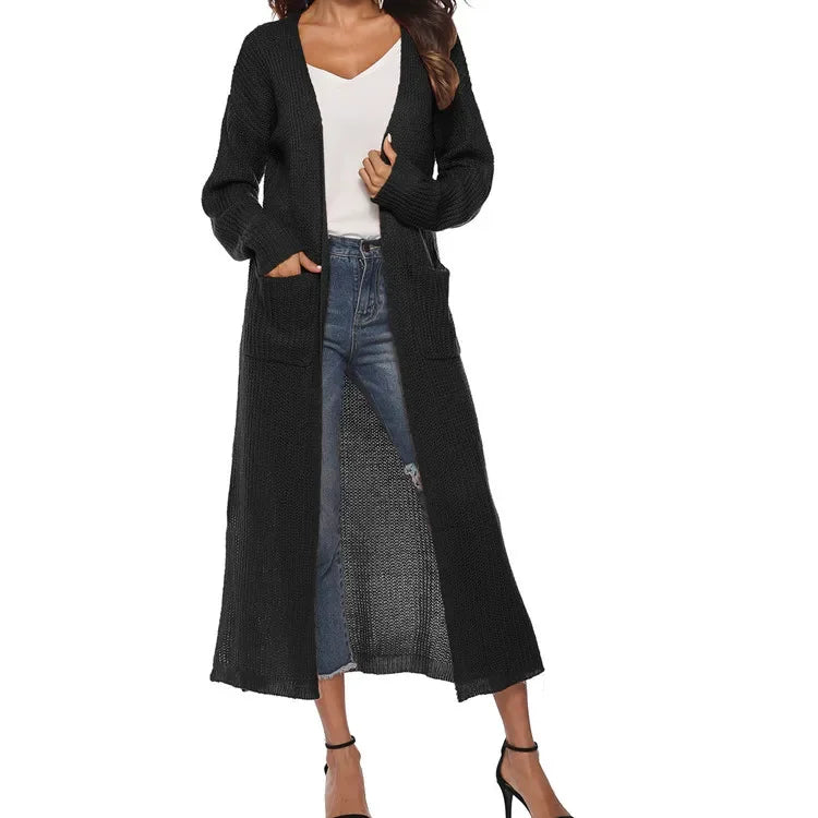 Thickened Long Pure Colour Pocket Irregular-Slit Sweater Coat