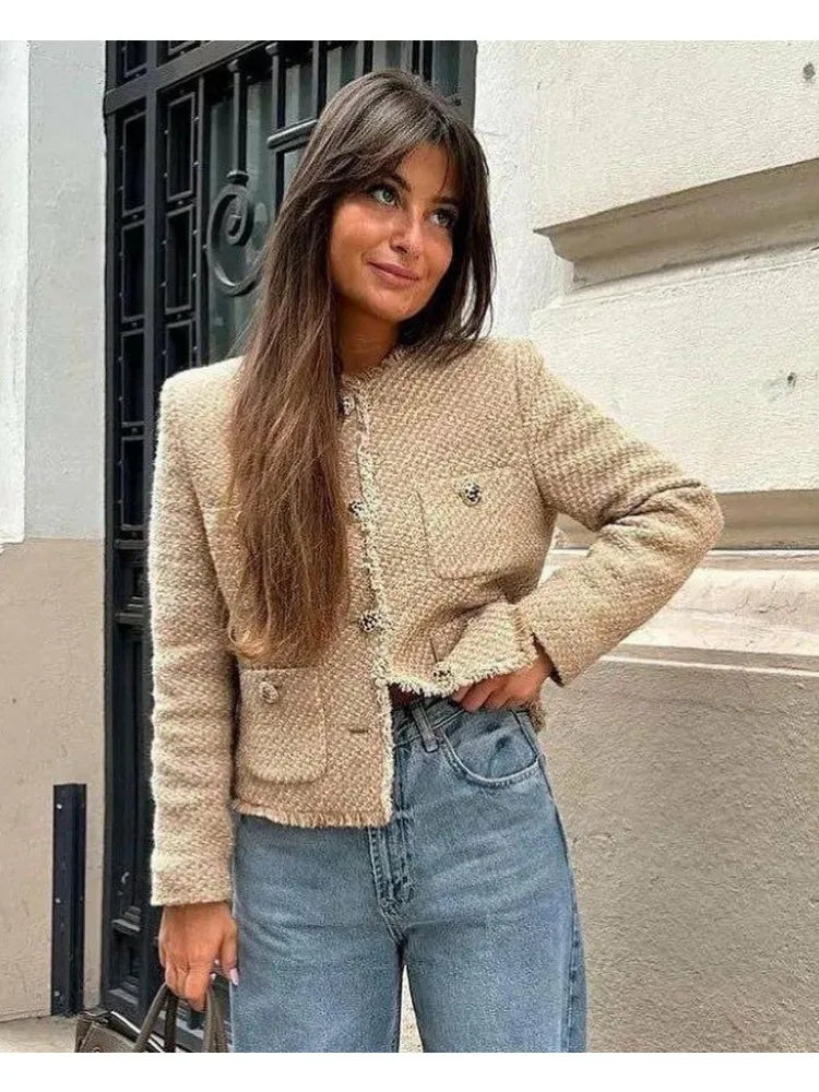 Vireous Round-Neck Simple Tweed Jacket, Multi Colours